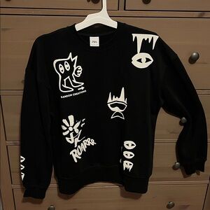Zara Black Sweatshirt with White Graphic Designs